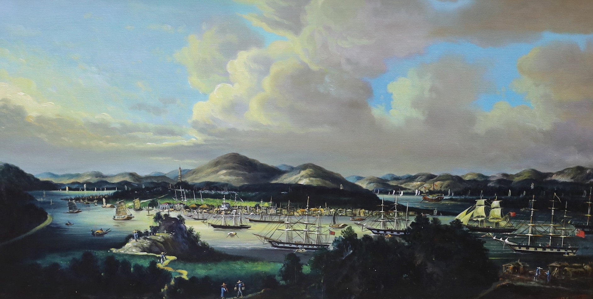 A modern oil on canvas in the Anglo-Chinese manner of frigates and junks along the coast, indistinctly signed, 50 x 90cm
